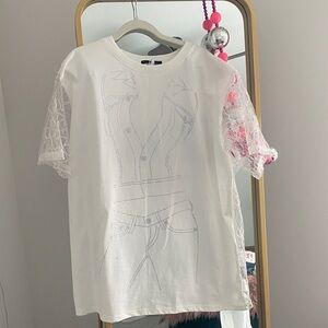 White Lace Sleeve Graphic Tee
